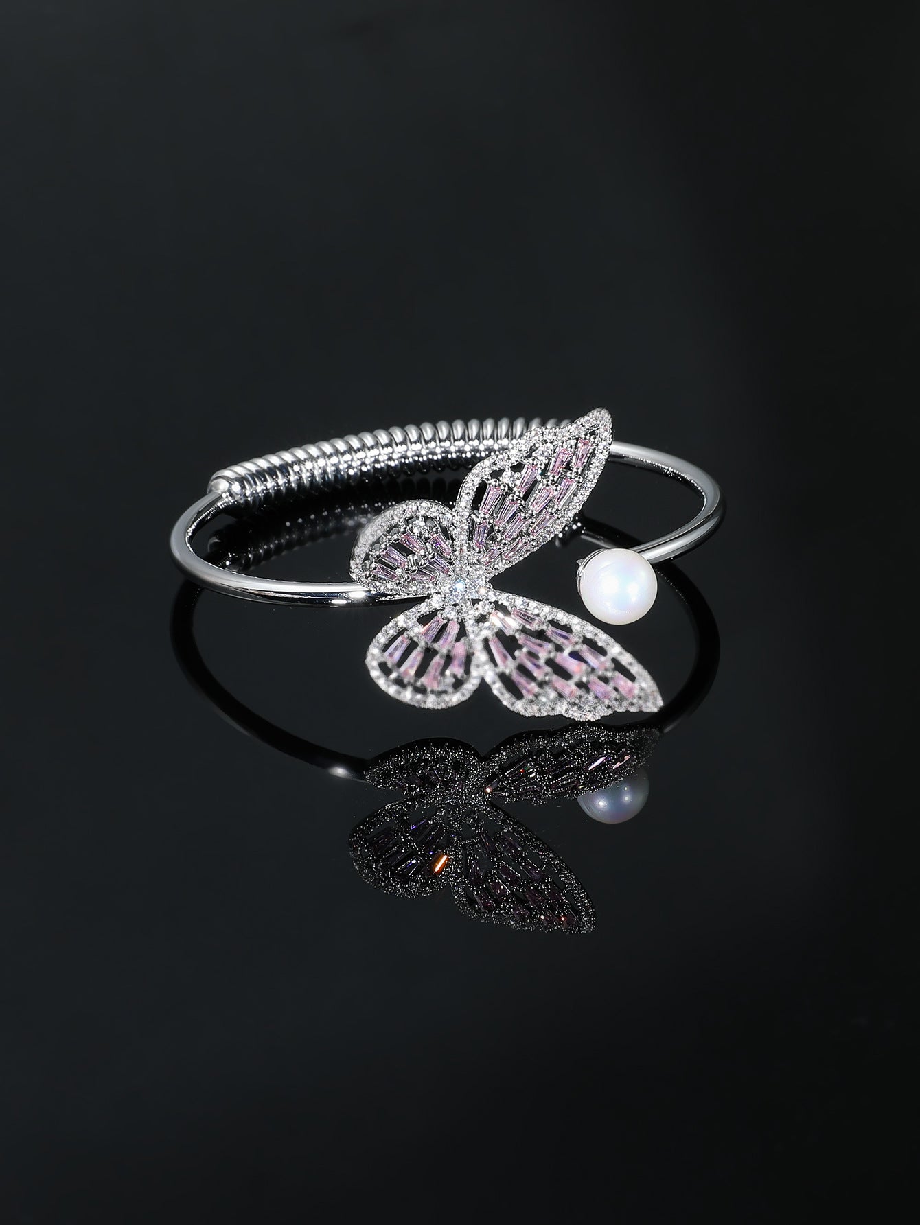 Butterfly Motif Open Cuff Bracelet with Delicate Crystal Detail