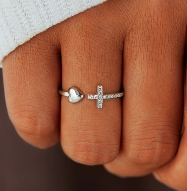Elegant Heart & Cross Adjustable Ring in Sterling Silver