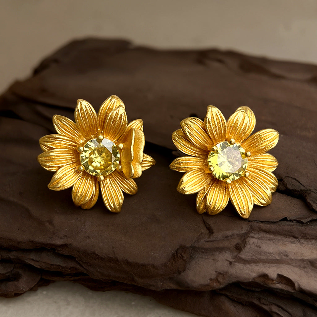 Vintage Gold Flower Stud Earrings with Crystal Center