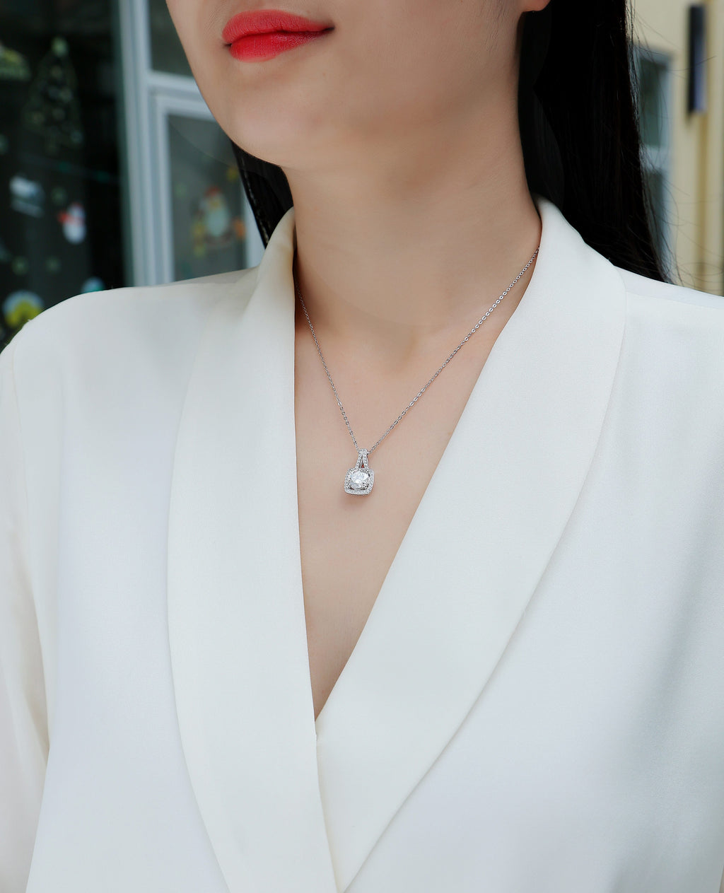 Square Halo Crystal Pendant Necklace
