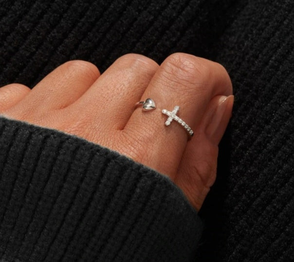 Elegant Heart & Cross Adjustable Ring in Sterling Silver