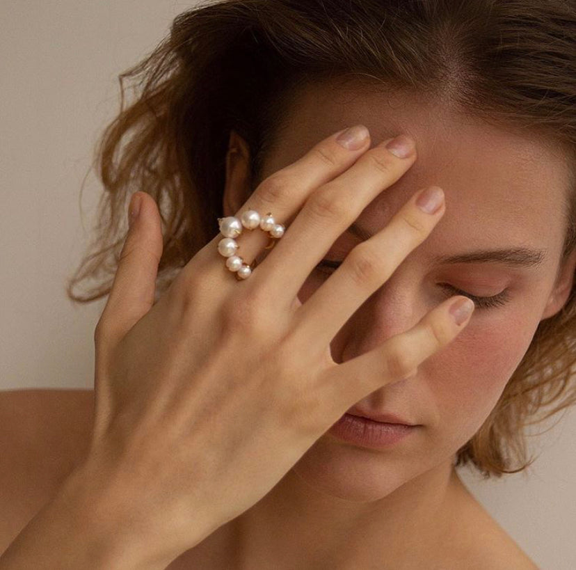 Golden Pearl Wrap Ring – Modern Open Spiral Desig