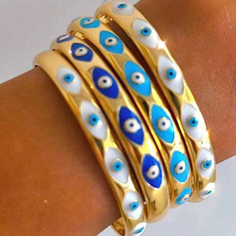 Protective Eye Motif Bangle Bracelet with Enamel Detail