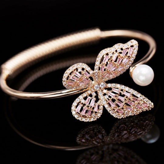 Butterfly Motif Open Cuff Bracelet with Delicate Crystal Detail