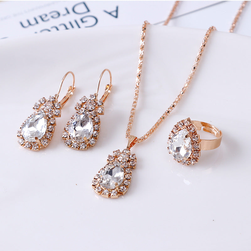 Water Drop Rhinestone Jewelry Set – Elegant Necklace, Earrings & Ring