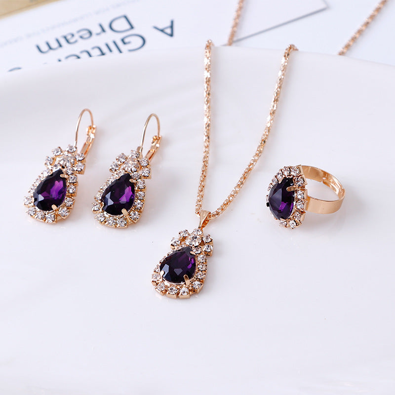 Water Drop Rhinestone Jewelry Set – Elegant Necklace, Earrings & Ring