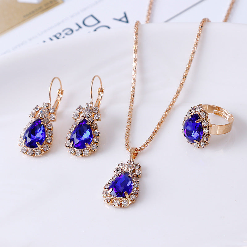 Water Drop Rhinestone Jewelry Set – Elegant Necklace, Earrings & Ring