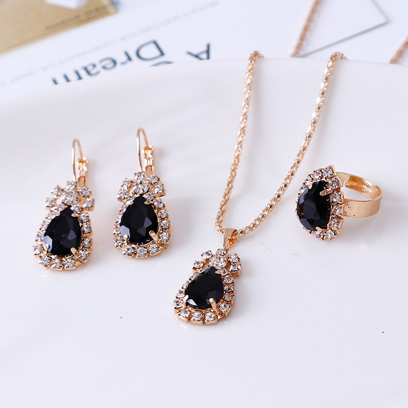 Water Drop Rhinestone Jewelry Set – Elegant Necklace, Earrings & Ring