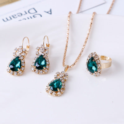 Water Drop Rhinestone Jewelry Set – Elegant Necklace, Earrings & Ring