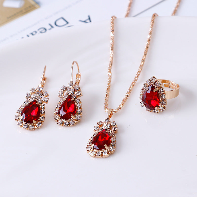 Water Drop Rhinestone Jewelry Set – Elegant Necklace, Earrings & Ring
