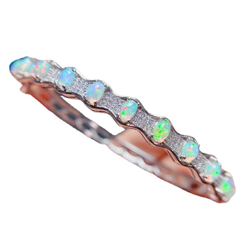 Oval Gem Detail Bangle Bracelet with Wave-Inspired Design