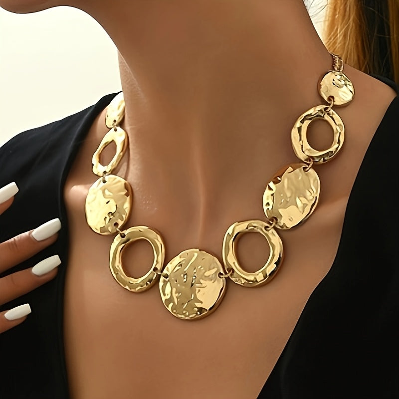 Hammered Disc Statement Necklace with Sculptural Links
