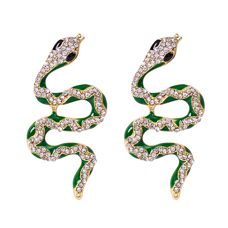 Green Rhinestone Snake Earrings