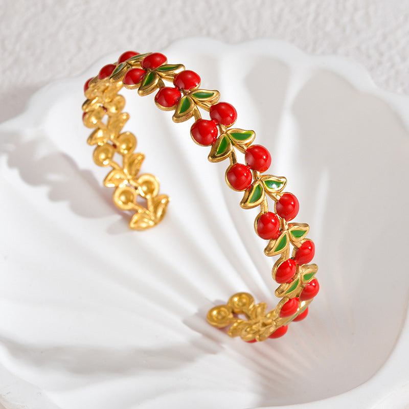 Botanical-Inspired Open Cuff Bracelet with Decorative Bead Detail