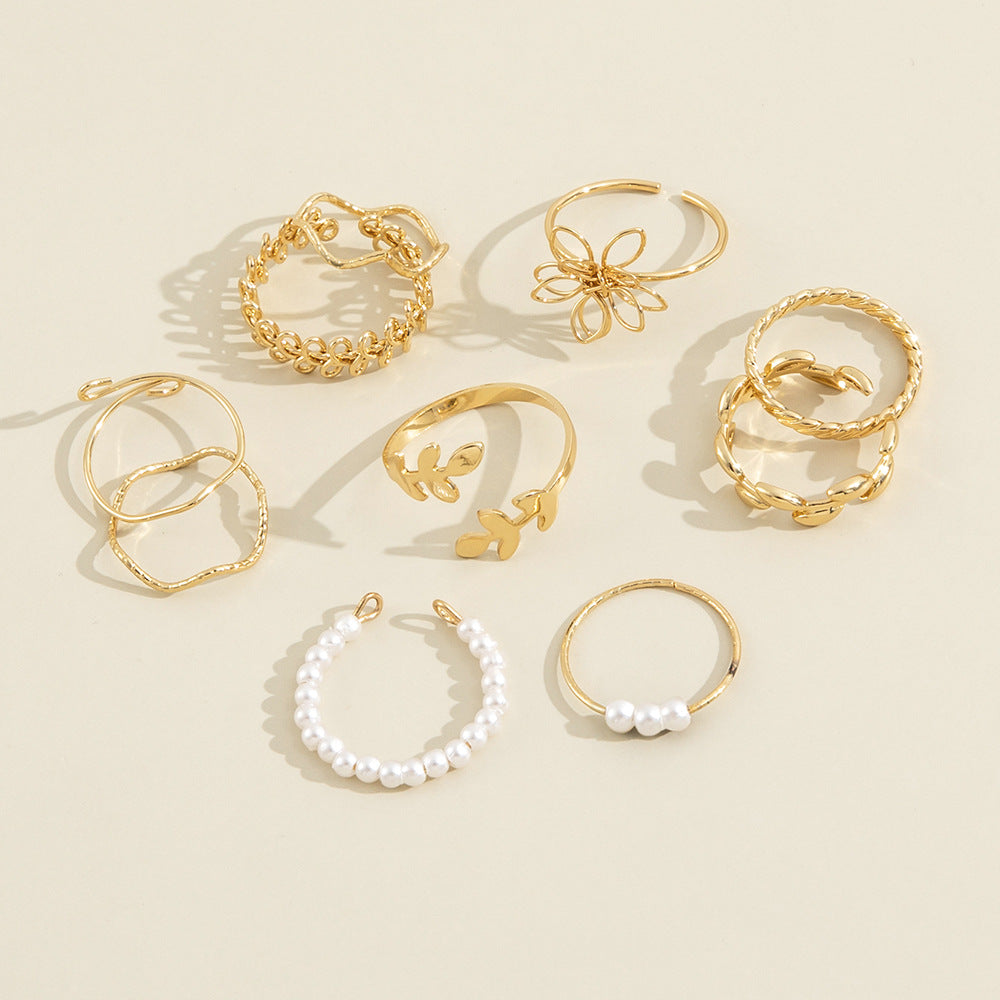 Boho Gold Stacking Ring Set – Floral & Pearl Detail Bands