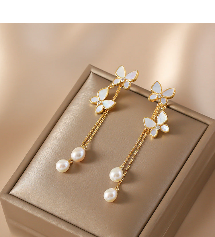 Butterfly Pearl Tassel Drop Earrings