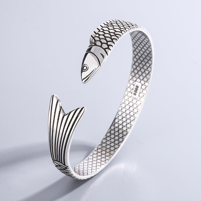 Fish Motif Open Cuff Bracelet with Detailed Sculptural Finish