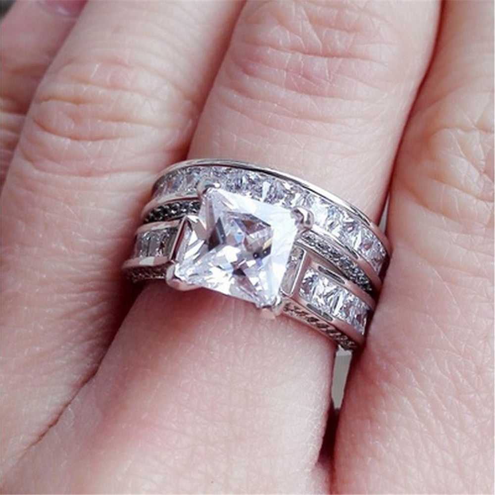 Princess Cut Engagement Ring Set – Triple Band Pavé Design