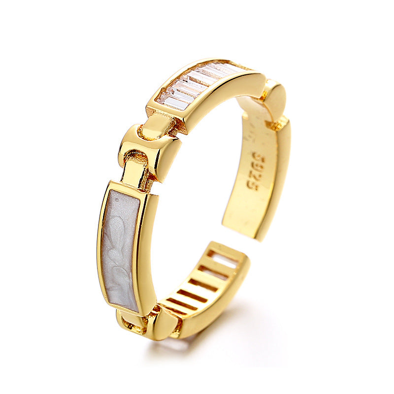 Modern Geometric Gold Link Adjustable Ring with Baguette Accents