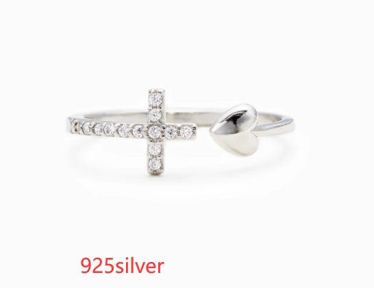 Elegant Heart & Cross Adjustable Ring in Sterling Silver