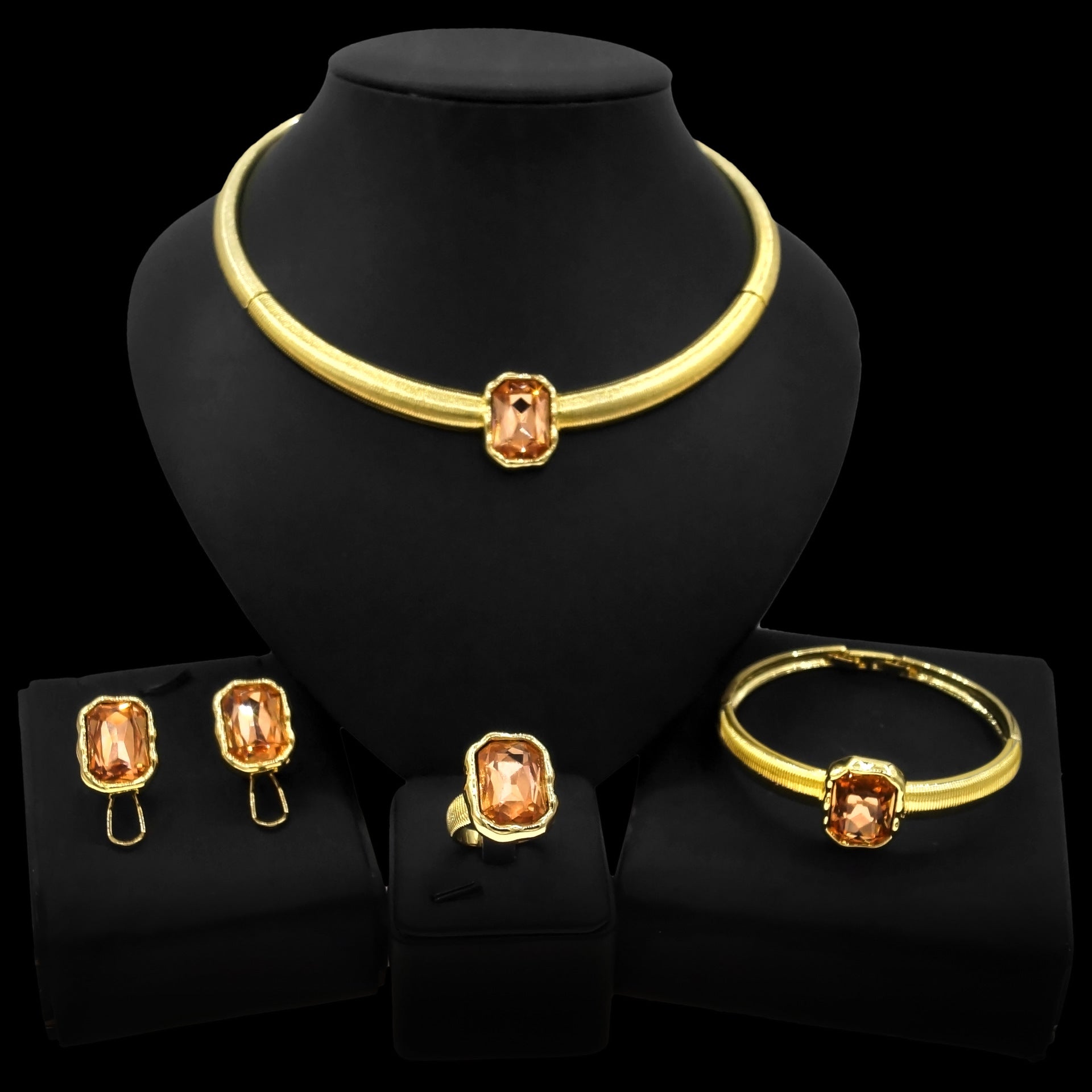 Gold Color Block Jewelry Set with Amber Stone