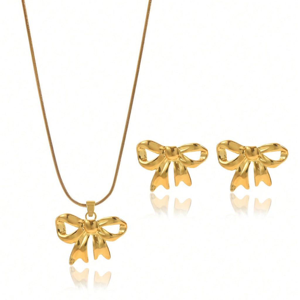 Elegant Bow Pendant Necklace & Matching Stud Earrings