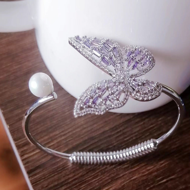 Butterfly Motif Open Cuff Bracelet with Delicate Crystal Detail