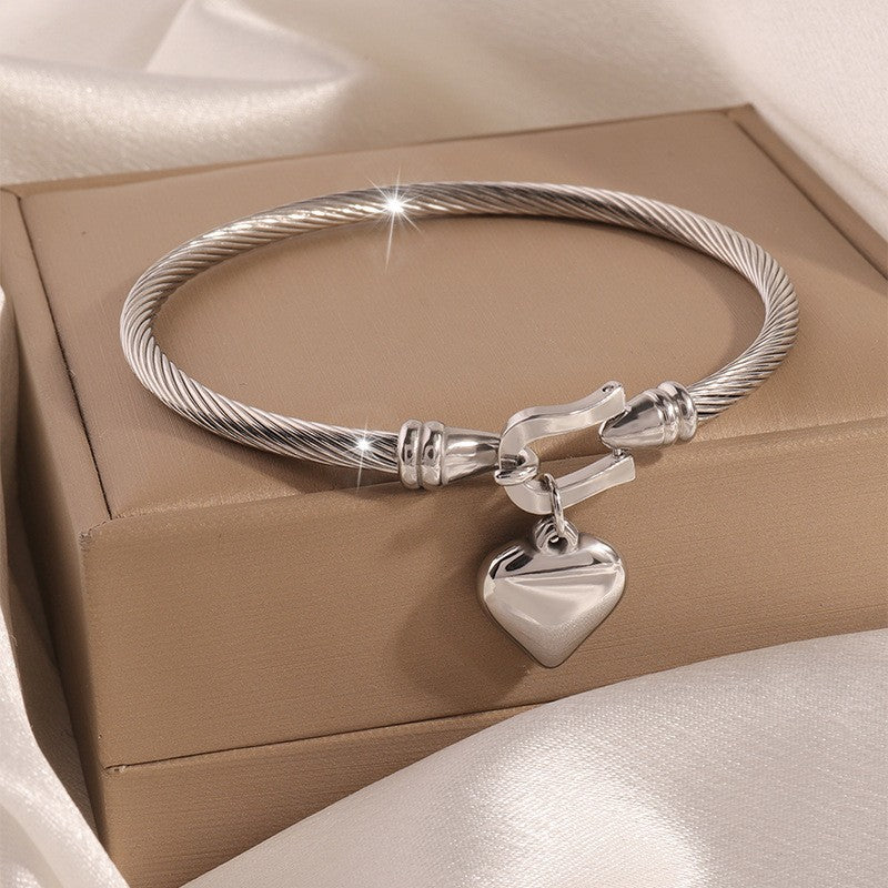 Gold Heart Charm Cable Bangle Bracelet