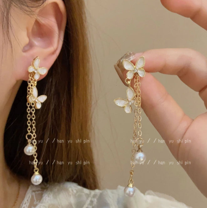 Butterfly Pearl Tassel Drop Earrings