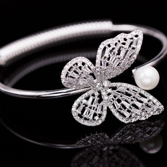 Butterfly Motif Open Cuff Bracelet with Delicate Crystal Detail