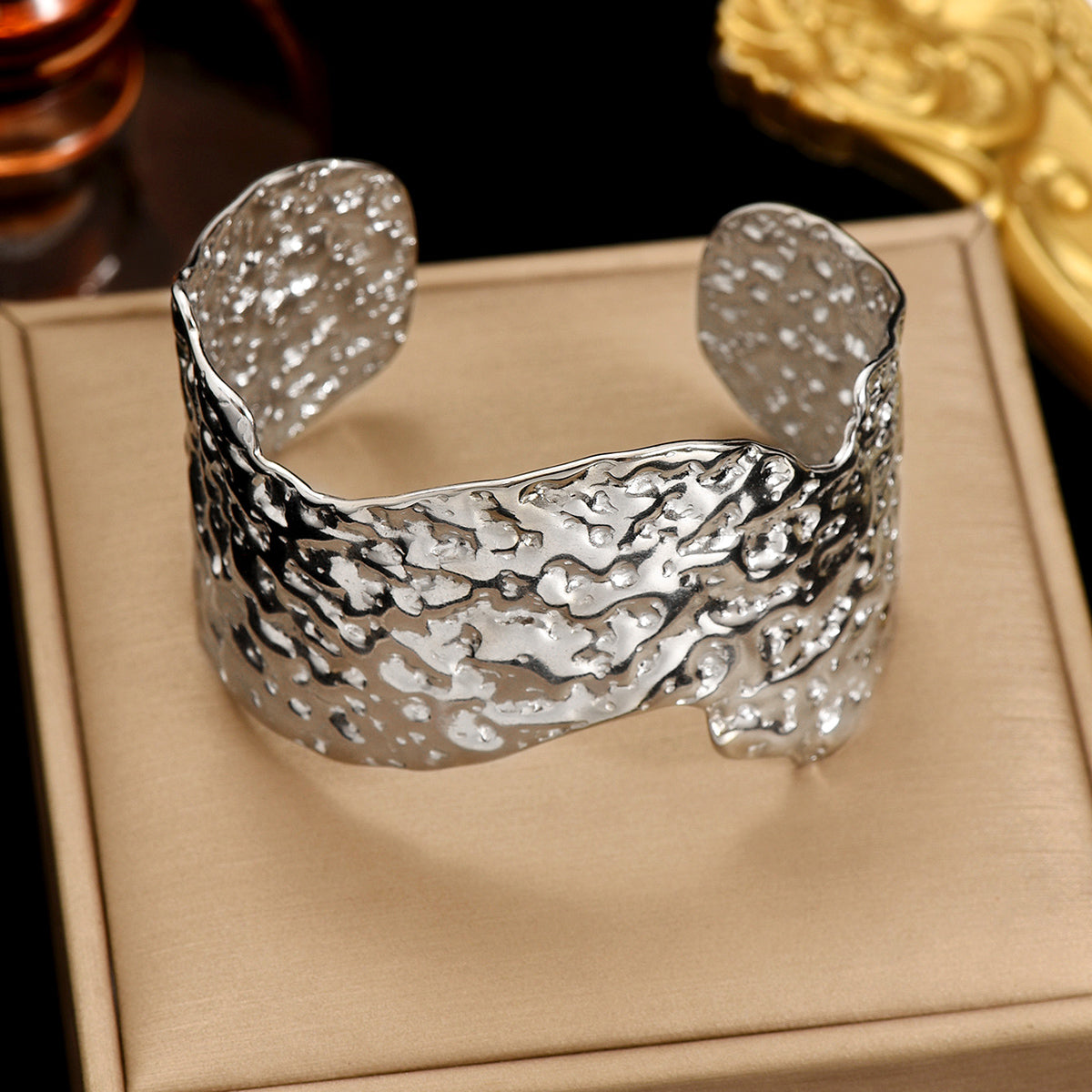 Sculptural Hammered Cuff Bracelet with Fluid Wave Design