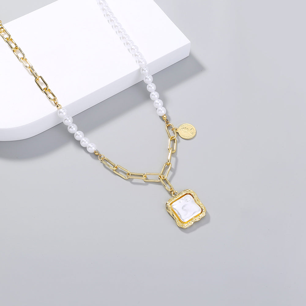 Gold Chain & Pearl Necklace with Square Pearl Pendant – Elegant Modern Statement Jewelry