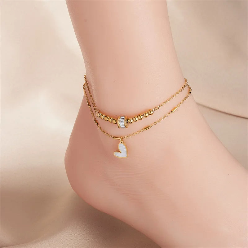 Layered Heart Charm Gold Anklet