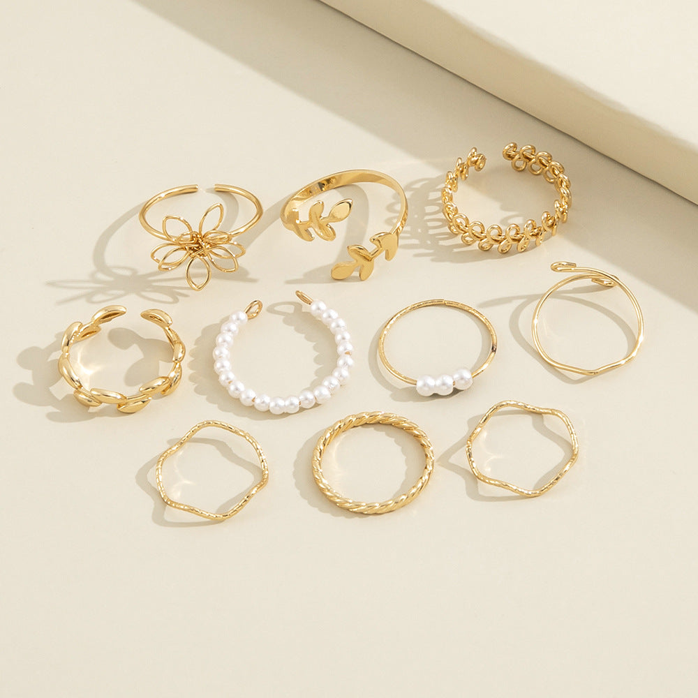 Boho Gold Stacking Ring Set – Floral & Pearl Detail Bands