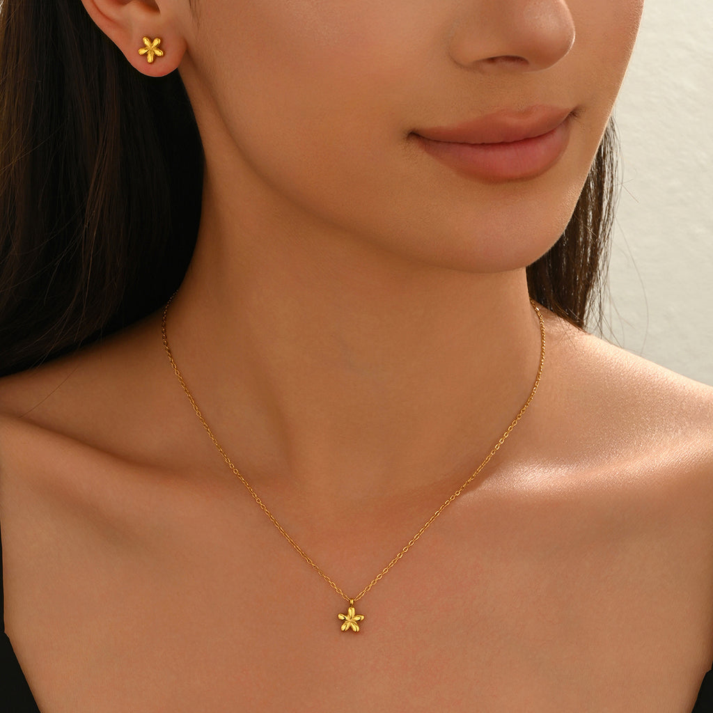 Minimal Floral Stud Earrings & Petite Pendant Necklace Set