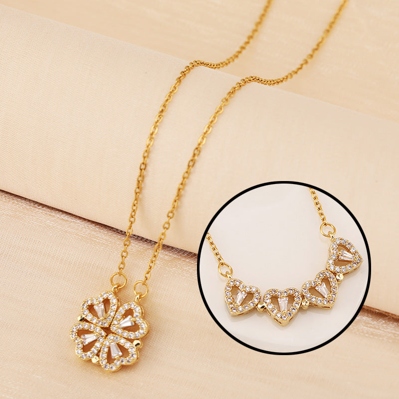 Gold Crystal Heart Cluster Necklace – Elegant Multi-Heart Pendant Chain