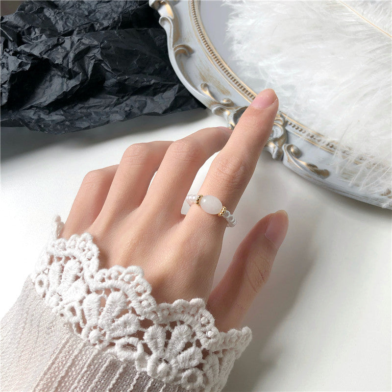 Pearl Beaded Adjustable Ring – Natural Stone Accent Band
