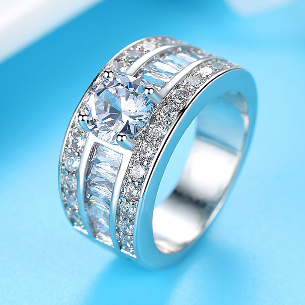 Wide Band Diamond Ring – Round Cut Center with Pavé Accents