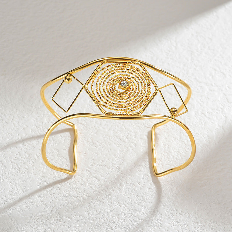 Geometric Open Cuff Bracelet with Intricate Center Detail