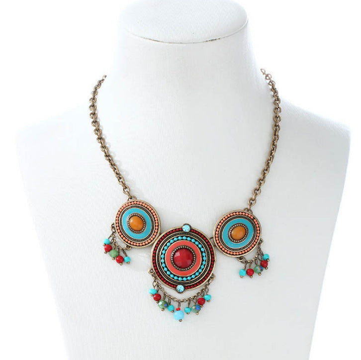 Bohemian Medallion Necklace with Colorful Beads & Vintage Detail