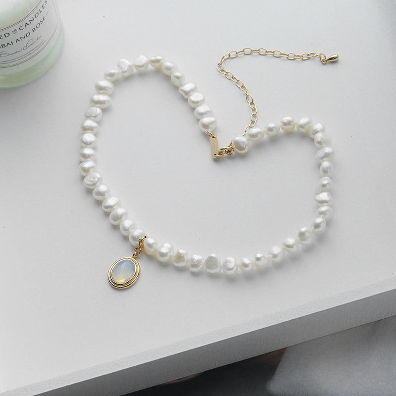 Pearl Choker Necklace with Gold Moonstone Pendant
