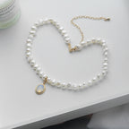 Pearl Choker Necklace with Gold Moonstone Pendant
