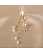 Butterfly Pearl Tassel Drop Earrings