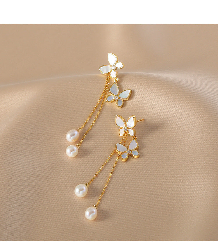 Butterfly Pearl Tassel Drop Earrings