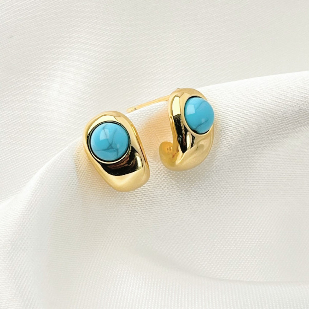 Gold Hoop Stud Earrings with Turquoise Stone