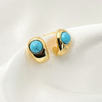 Gold Hoop Stud Earrings with Turquoise Stone
