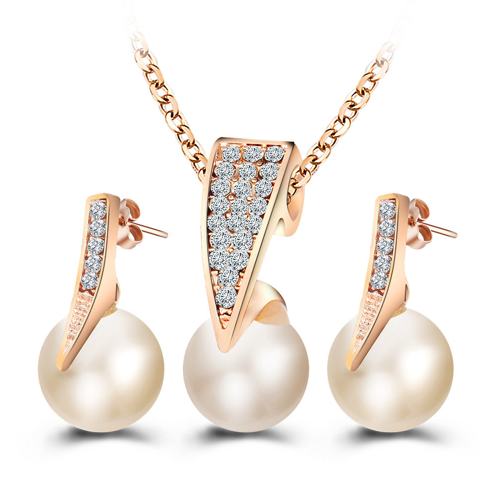 Rose Gold Pearl Necklace & Earrings Set – Crystal Accent Drop Jewelry Set for Women