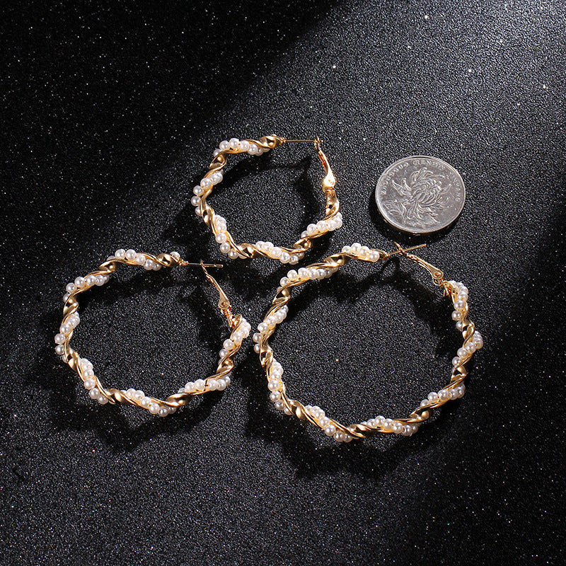 Elegant Twisted Gold Pearl Hoop Earrings