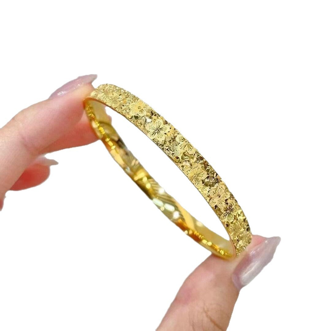 Floral Engraved Slim Bangle Bracelet with Delicate Patterning