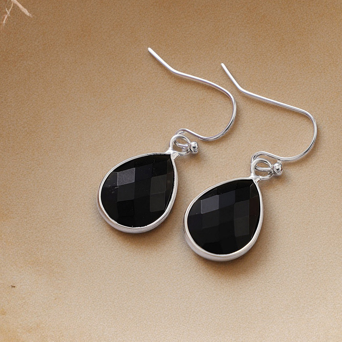 Black Agate Teardrop Dangle Earrings